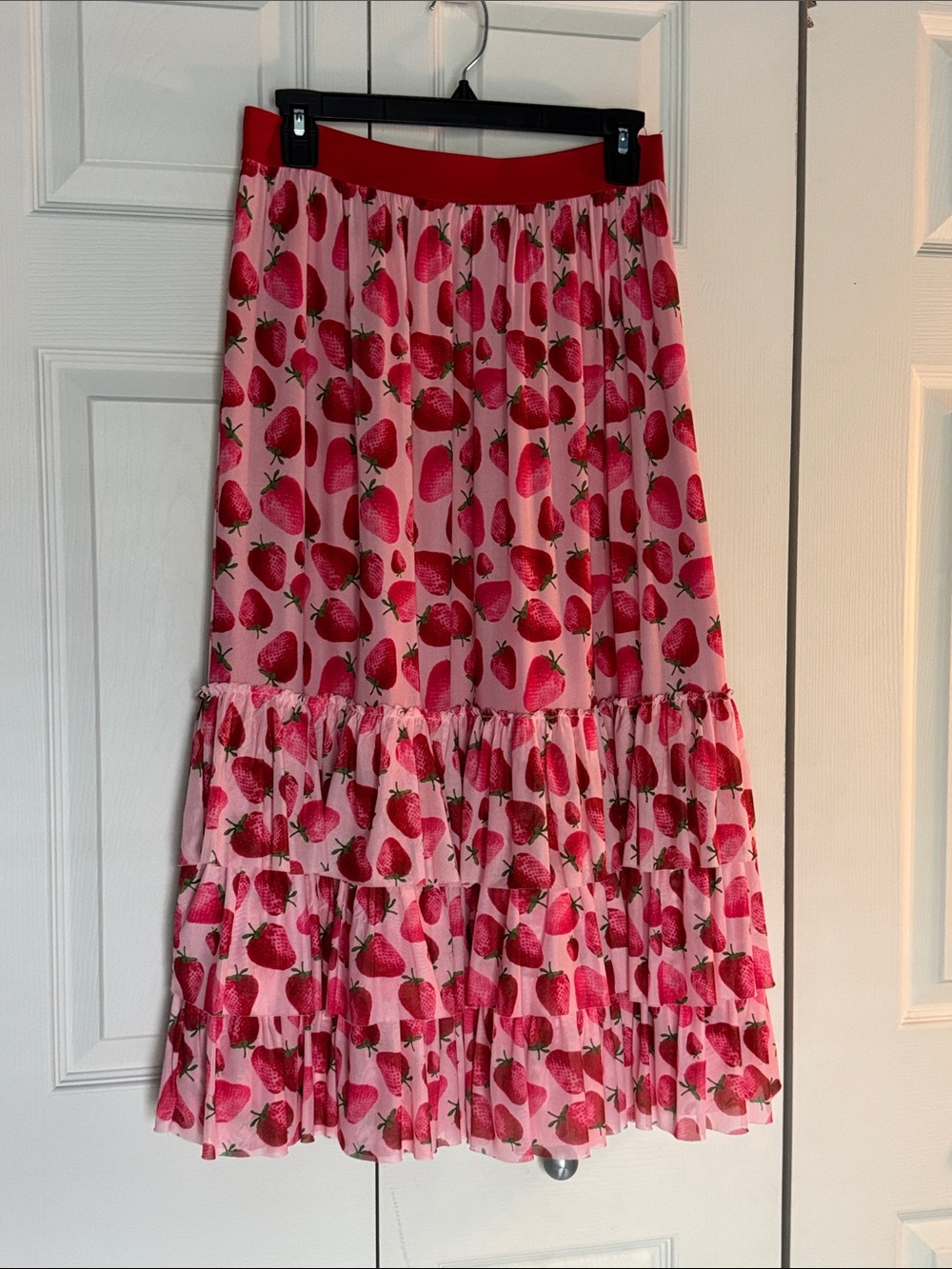 Eva Franco by Anthropology Pink Strawberry Print Tiered Maxi Skirt